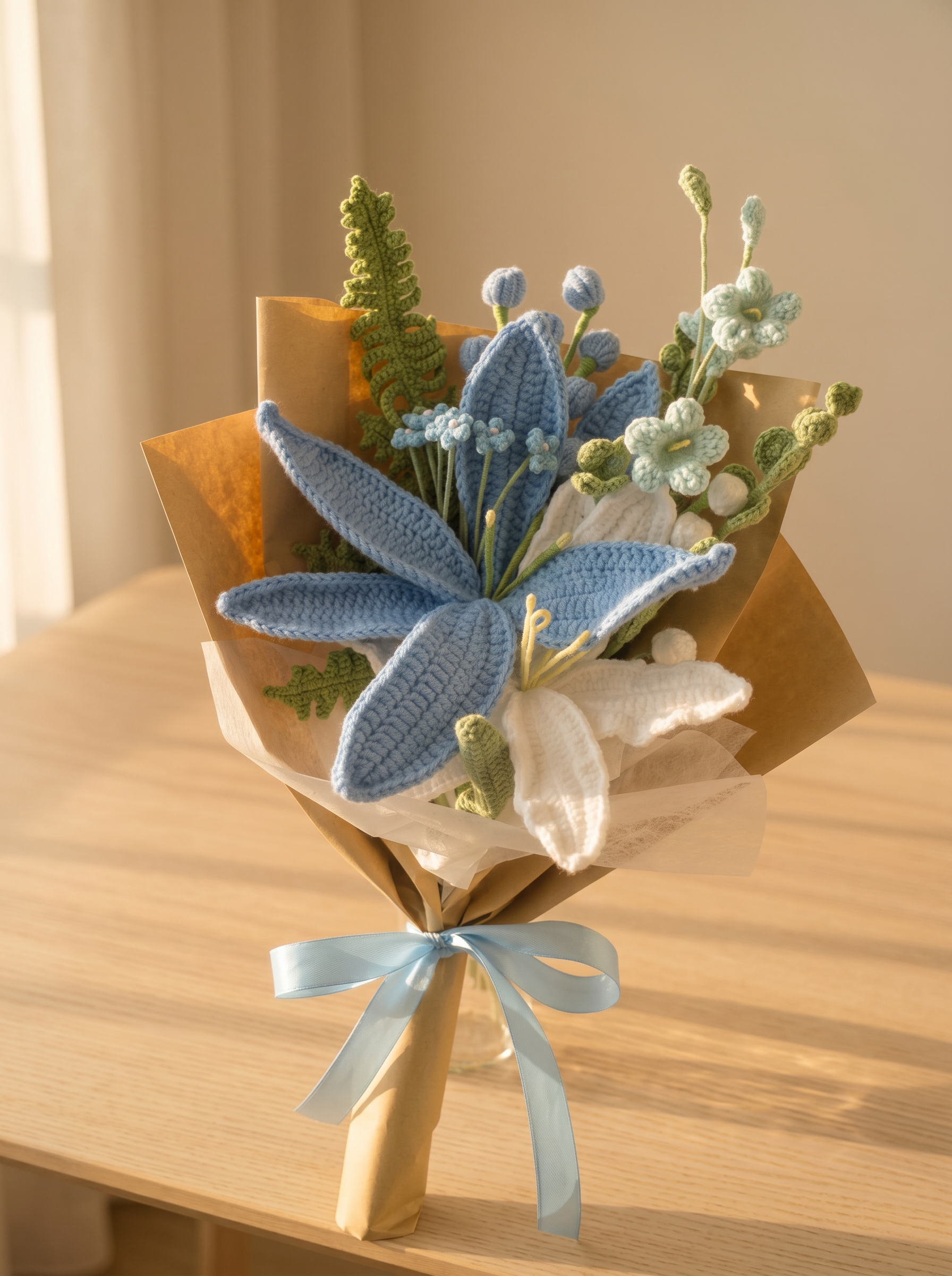 Handmade crochet blue lily bouquet